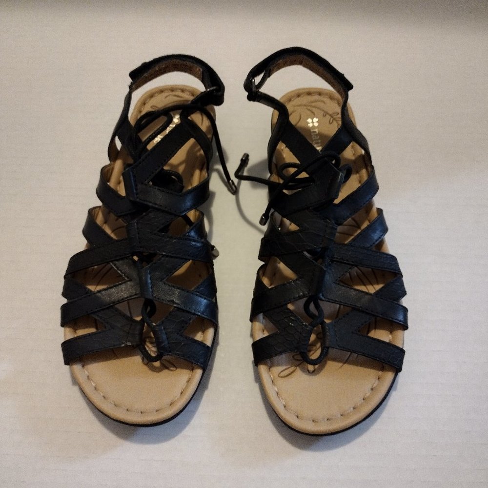 Naturalizer N5 Comfort Womens Sz 6W Shoes Black Leather Lace Up Strappy Sandal